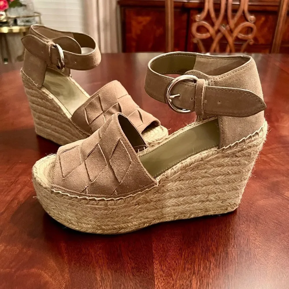 EUC Marc Fisher Adalla Jute Wedge Espadrilles Sandals Shoes Taupe Suede Size 8